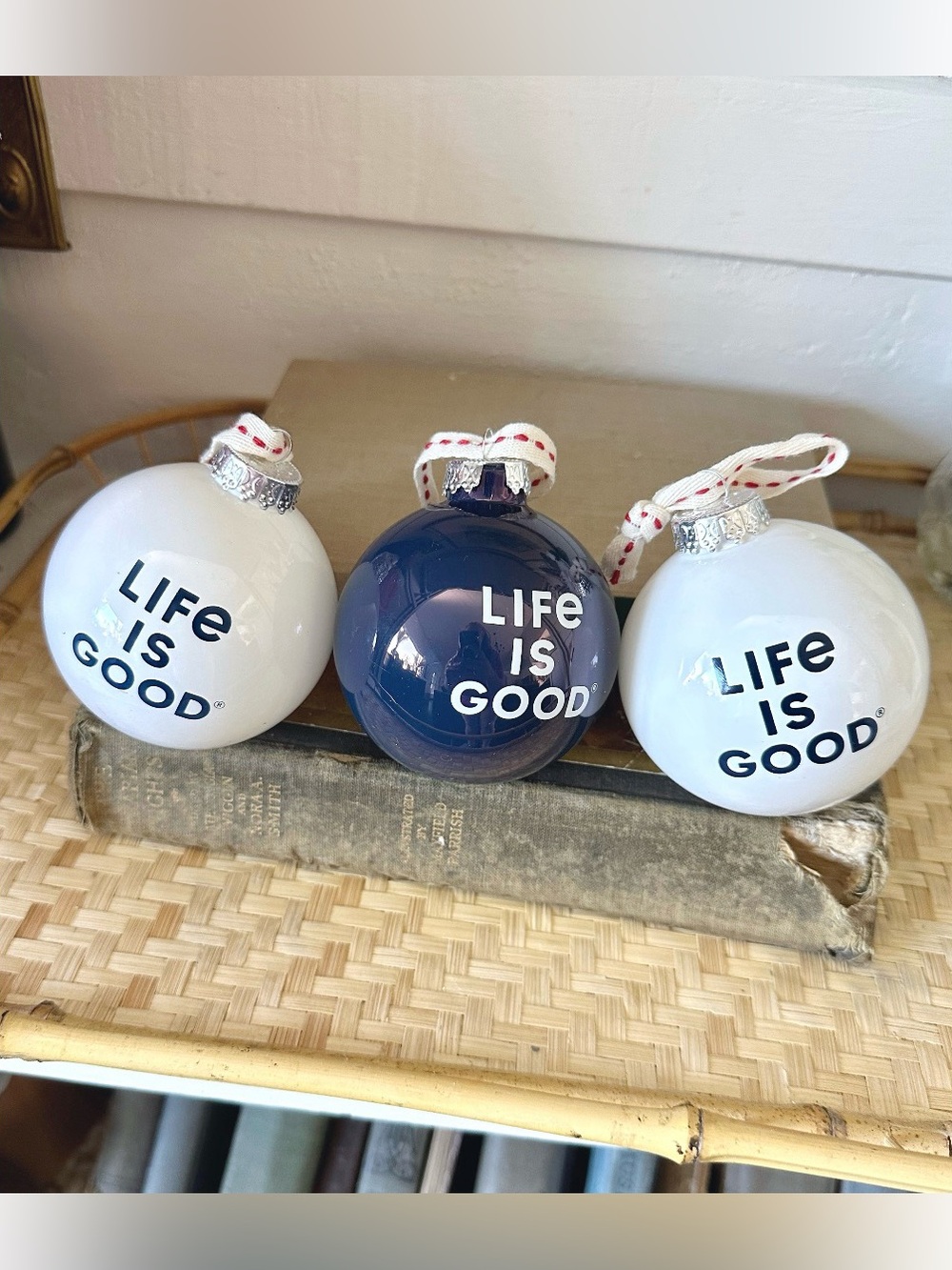 Life is Good, Set of 3 Love Themed Christmas Ball Ornaments Dog Cardinal Flower